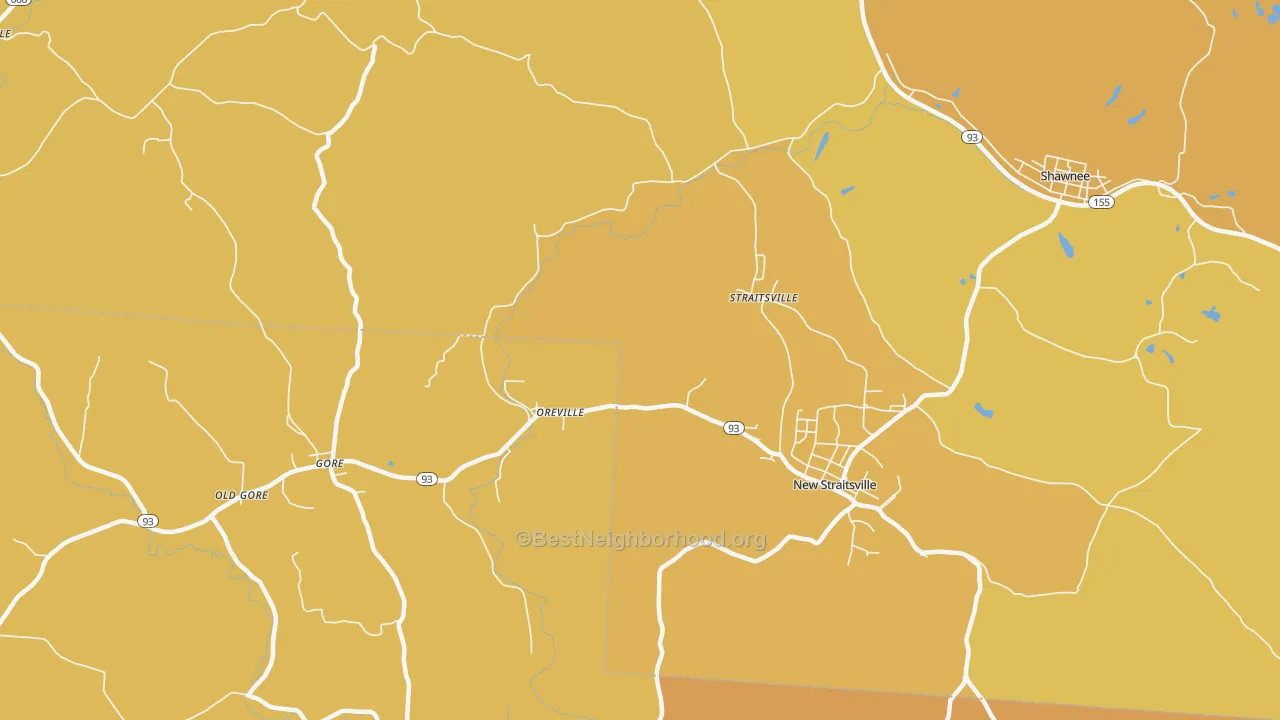 Map of the best neighborhoods in the Oreville area, with better matches in green and worse matches in red