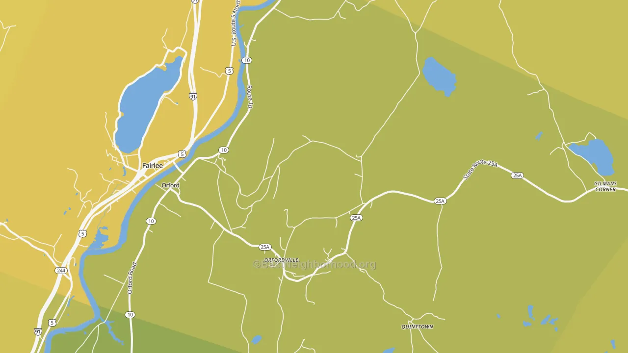 Map of the best neighborhoods in the Orford area, with better matches in green and worse matches in red