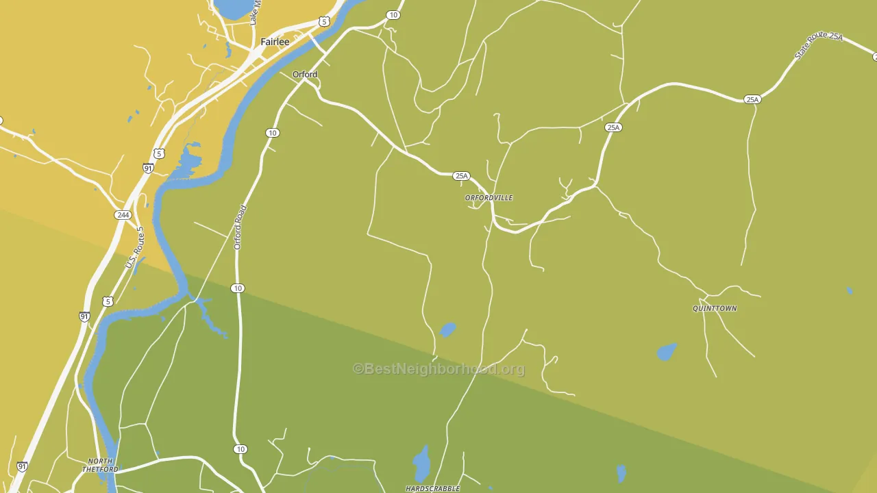 Map of the best neighborhoods in the Orfordville area, with better matches in green and worse matches in red