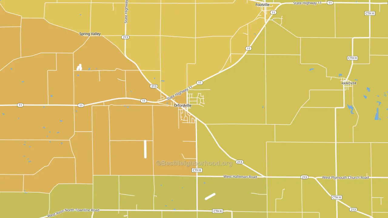 Map of the best neighborhoods in the Orfordville area, with better matches in green and worse matches in red