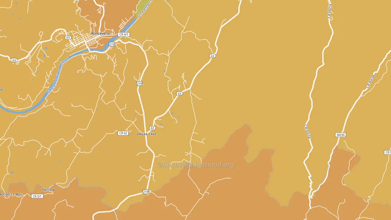 Map of the best neighborhoods in the Organ Cave area, with better matches in green and worse matches in red