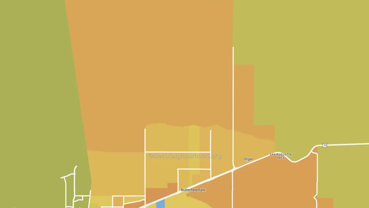 Map of the best neighborhoods in the Organ area, with better matches in green and worse matches in red
