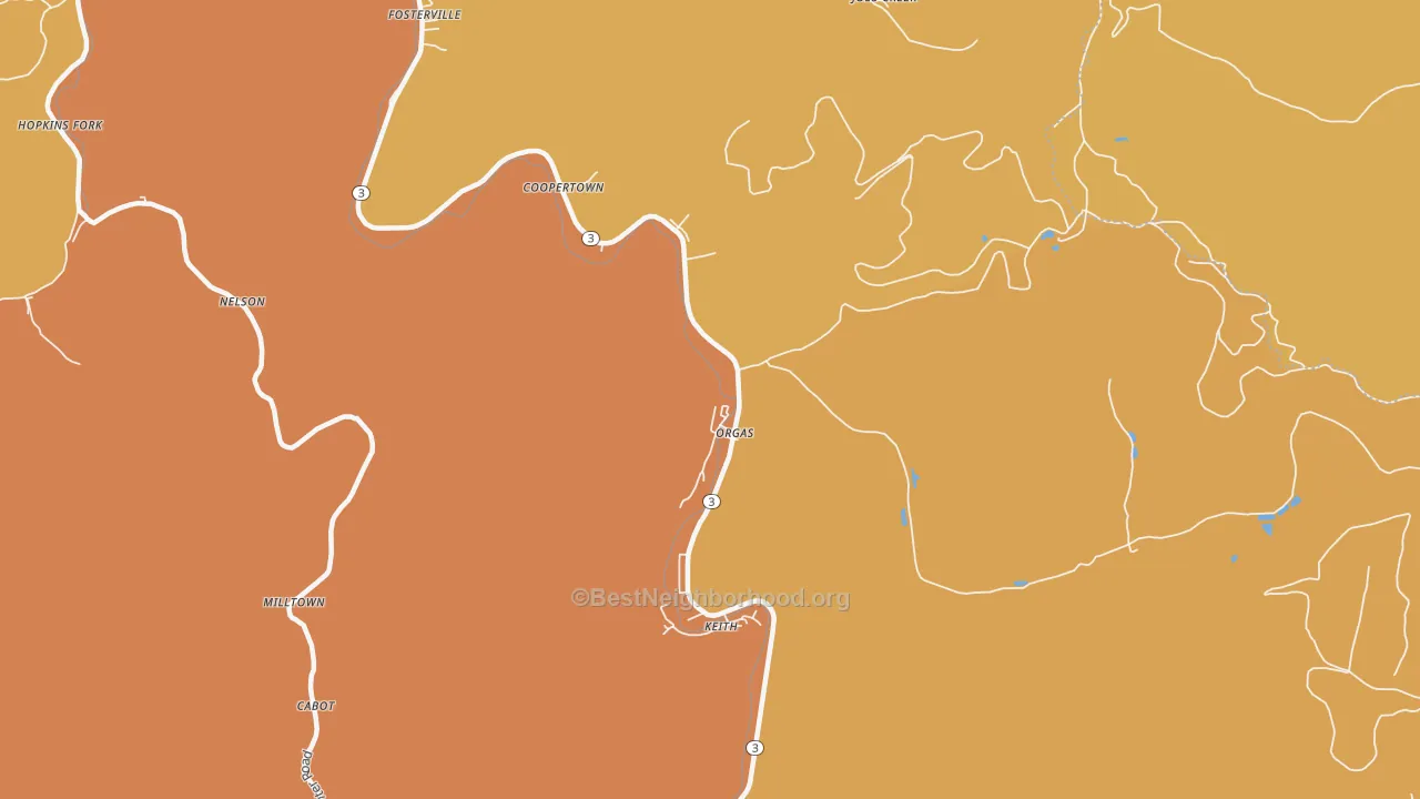 Map of the best neighborhoods in the Orgas area, with better matches in green and worse matches in red