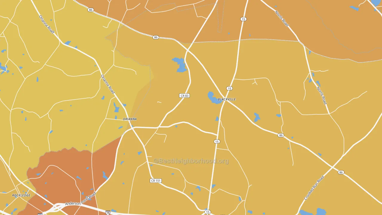 Map of the best neighborhoods in the Orianna area, with better matches in green and worse matches in red