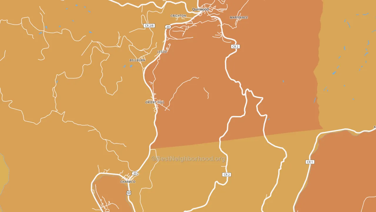 Map of the best neighborhoods in the Orient Hill area, with better matches in green and worse matches in red