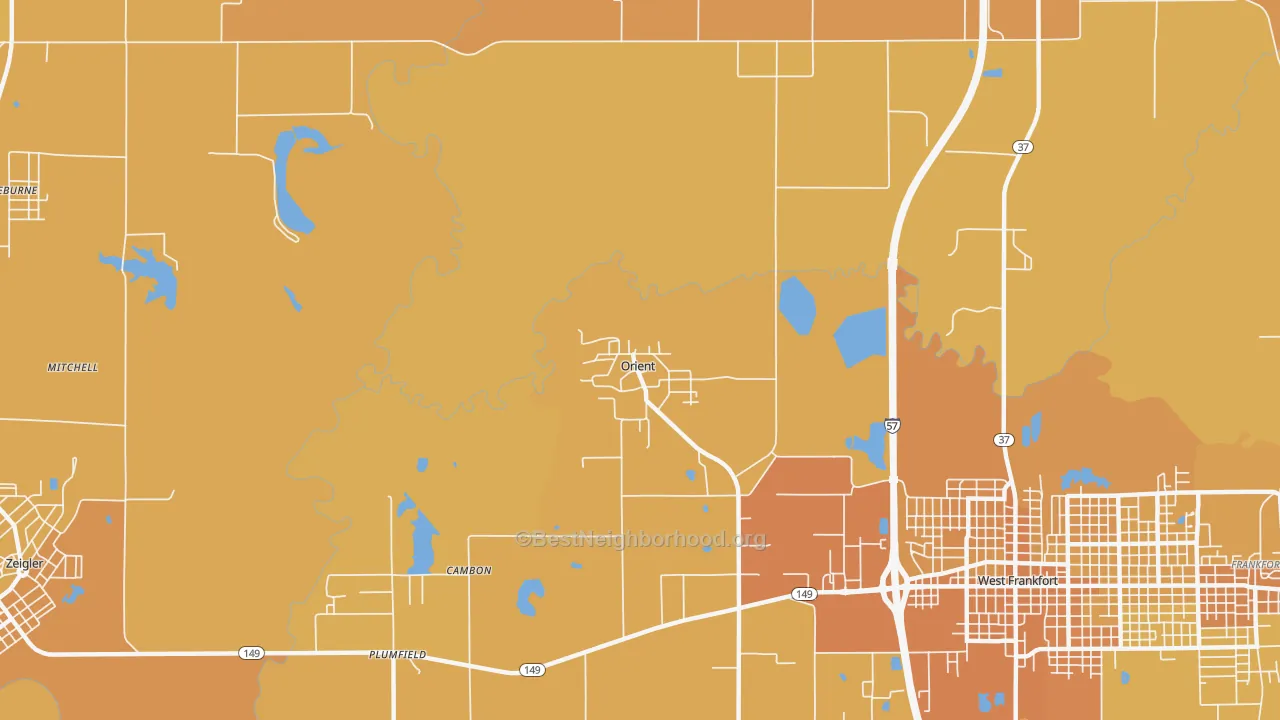 Map of the best neighborhoods in the Orient area, with better matches in green and worse matches in red