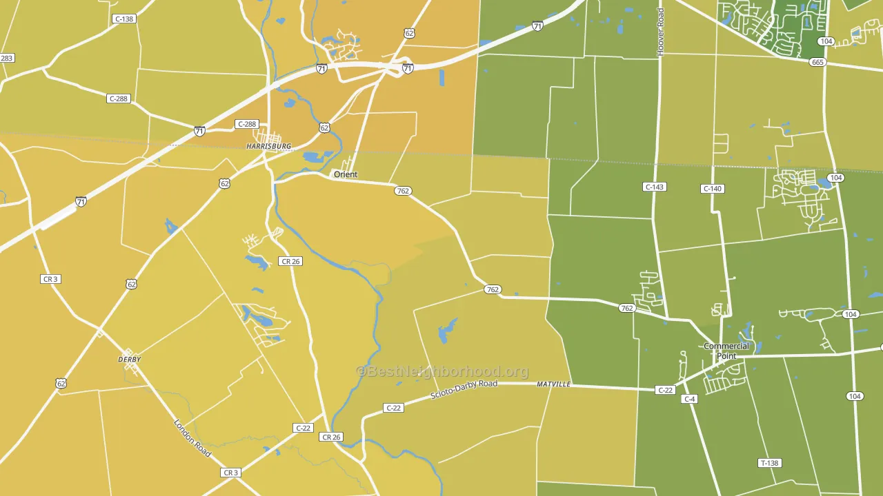 Map of the best neighborhoods in the Orient area, with better matches in green and worse matches in red