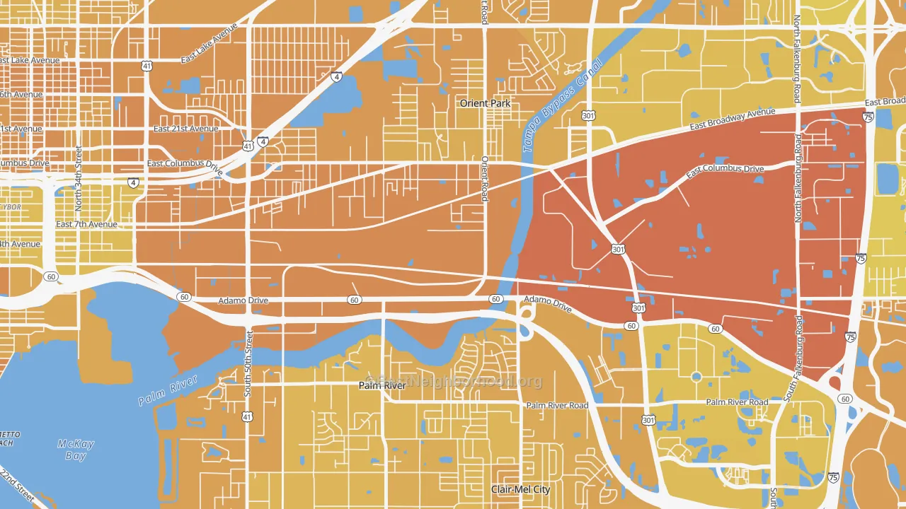 Map of the best neighborhoods in the Orient Park, Tampa area, with better matches in green and worse matches in red