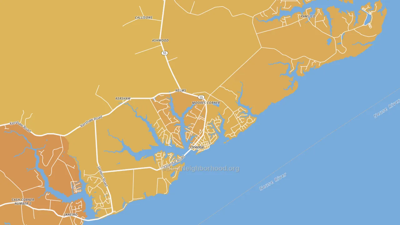 Map of the best neighborhoods in the Oriental area, with better matches in green and worse matches in red