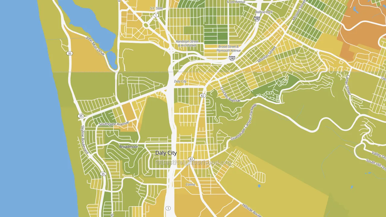 Map of the best neighborhoods in the Original Daly City, Daly City area, with better matches in green and worse matches in red