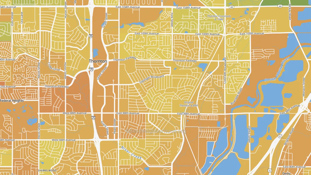 Map of the best neighborhoods in the Original Thornton, Thornton area, with better matches in green and worse matches in red