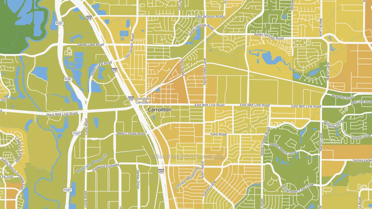 Map of the best neighborhoods in the Original Town, Carrollton area, with better matches in green and worse matches in red