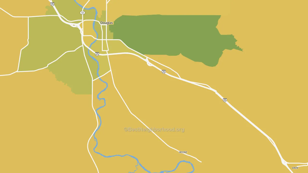 Map of the best neighborhoods in the Orin area, with better matches in green and worse matches in red