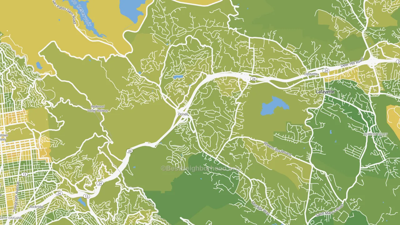 Map of the best neighborhoods in the Orinda area, with better matches in green and worse matches in red