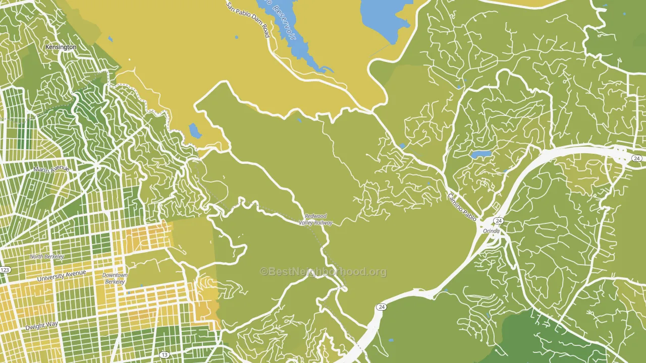 Map of the best neighborhoods in the Orinda Village area, with better matches in green and worse matches in red