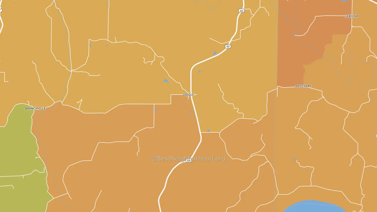 Map of the best neighborhoods in the Oriole area, with better matches in green and worse matches in red