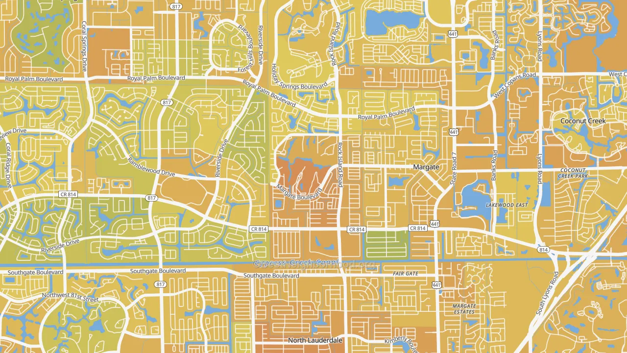 Map of the best neighborhoods in the Oriole Margate Golf Course, Margate area, with better matches in green and worse matches in red