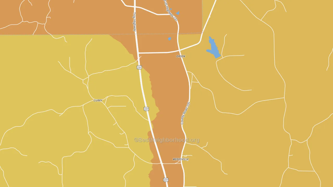 Map of the best neighborhoods in the Orion area, with better matches in green and worse matches in red