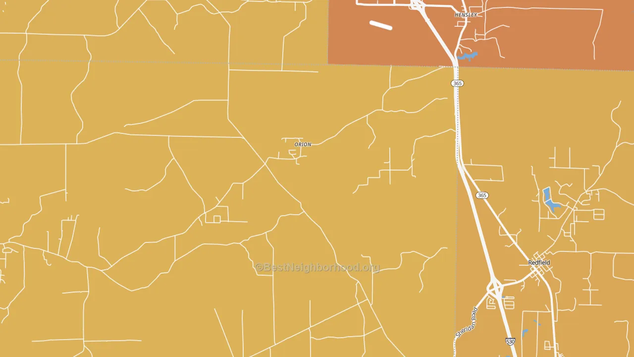 Map of the best neighborhoods in the Orion area, with better matches in green and worse matches in red