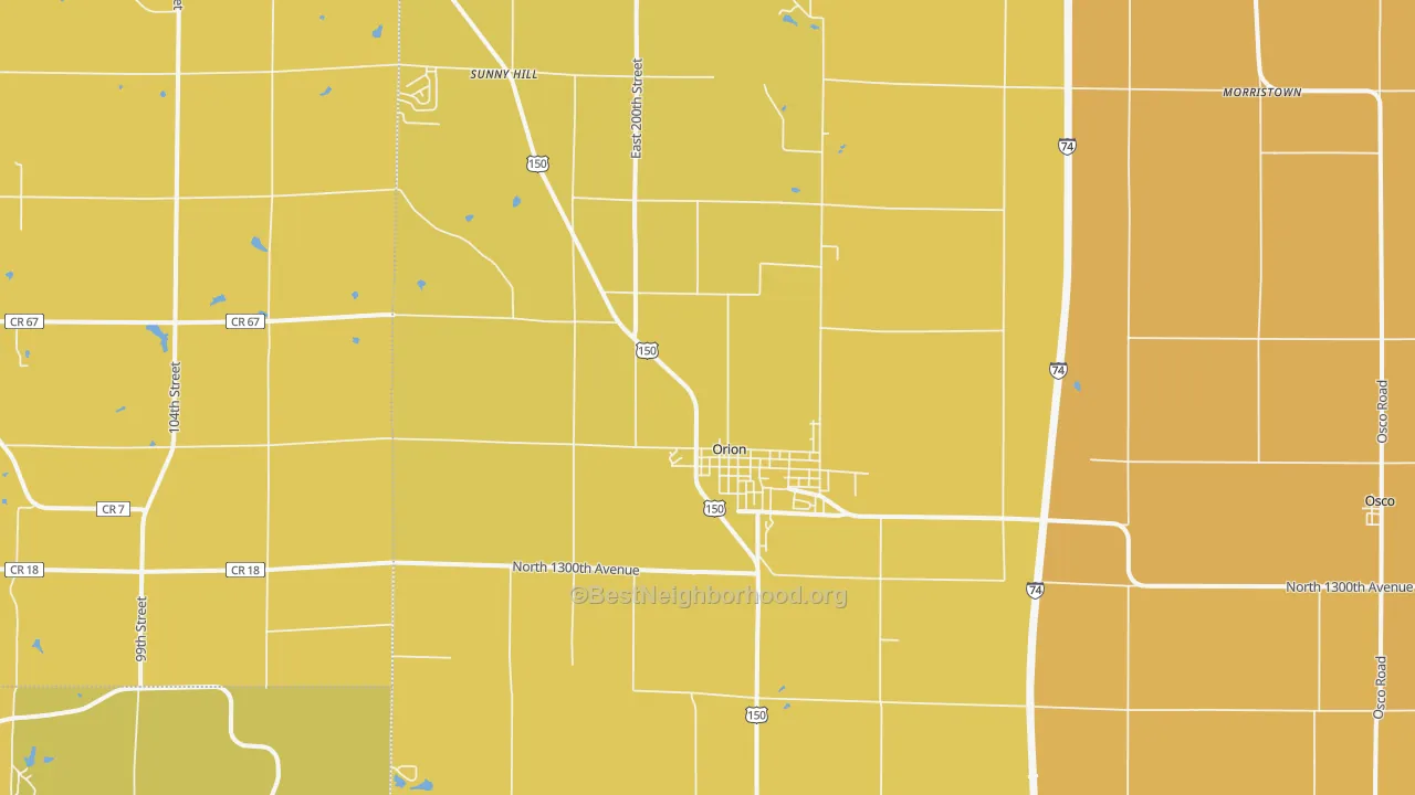 Map of the best neighborhoods in the Orion area, with better matches in green and worse matches in red