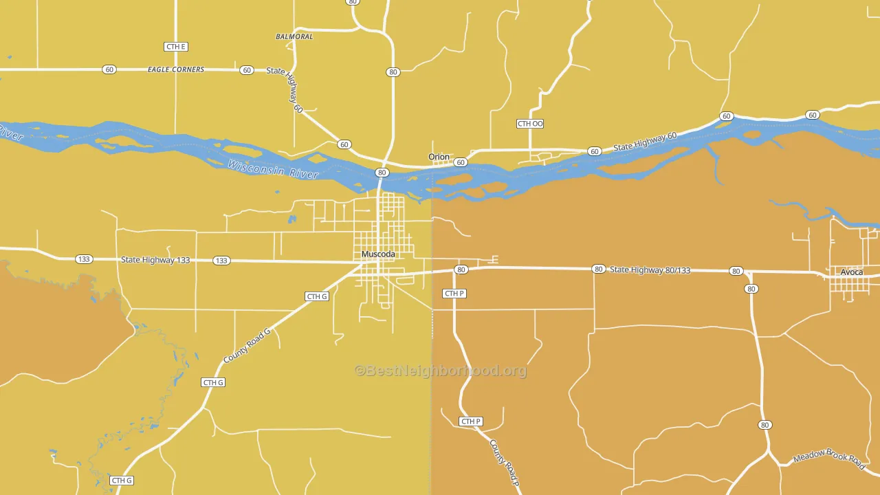 Map of the best neighborhoods in the Orion area, with better matches in green and worse matches in red
