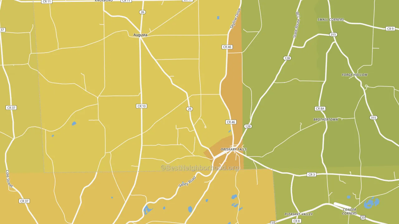 Map of the best neighborhoods in the Oriskany Falls area, with better matches in green and worse matches in red