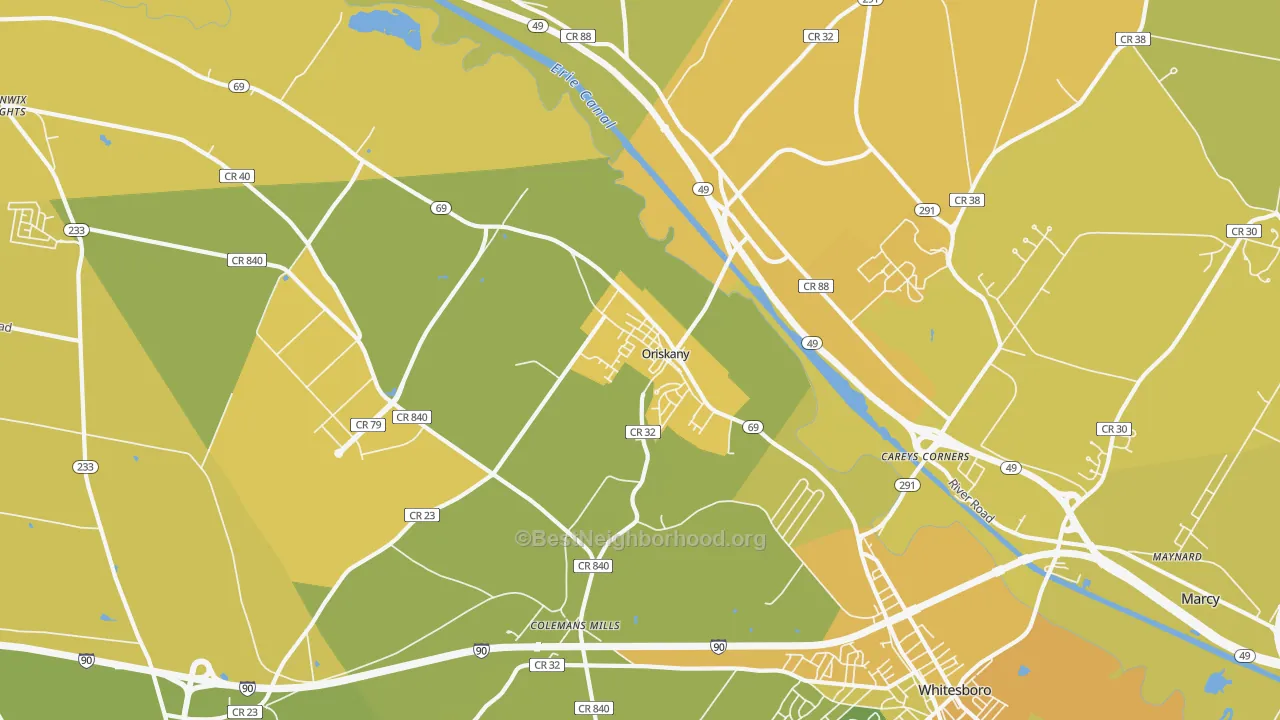 Map of the best neighborhoods in the Oriskany area, with better matches in green and worse matches in red