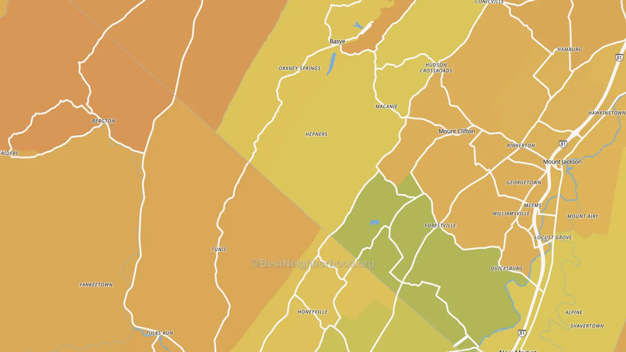 Map of the best neighborhoods in the Orkney Springs area, with better matches in green and worse matches in red