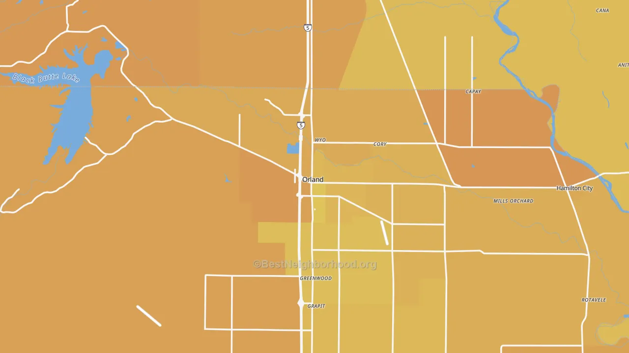 Map of the best neighborhoods in the Orland area, with better matches in green and worse matches in red
