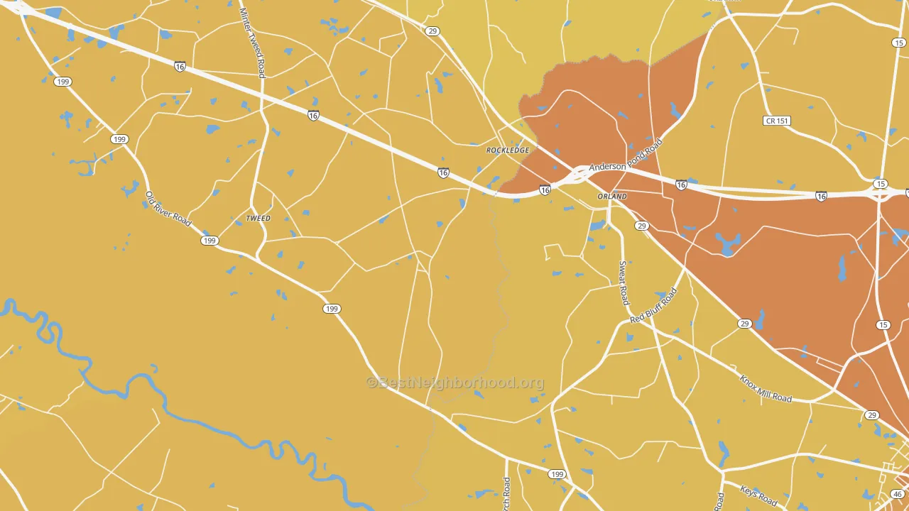 Map of the best neighborhoods in the Orland area, with better matches in green and worse matches in red