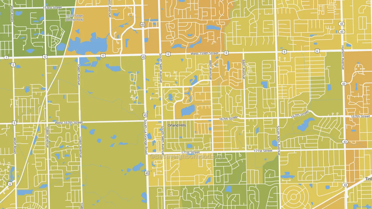 Map of the best neighborhoods in the Orland Hills area, with better matches in green and worse matches in red