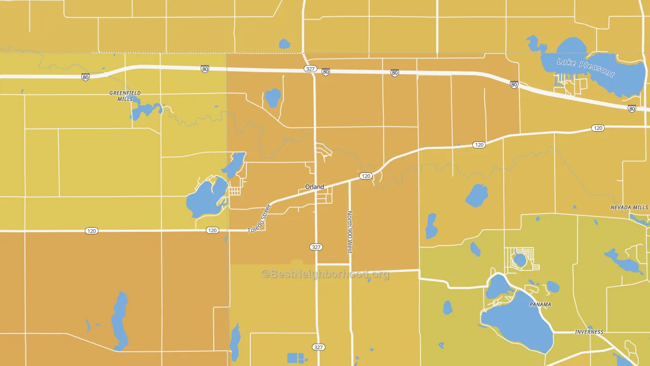 Map of the best neighborhoods in the Orland area, with better matches in green and worse matches in red