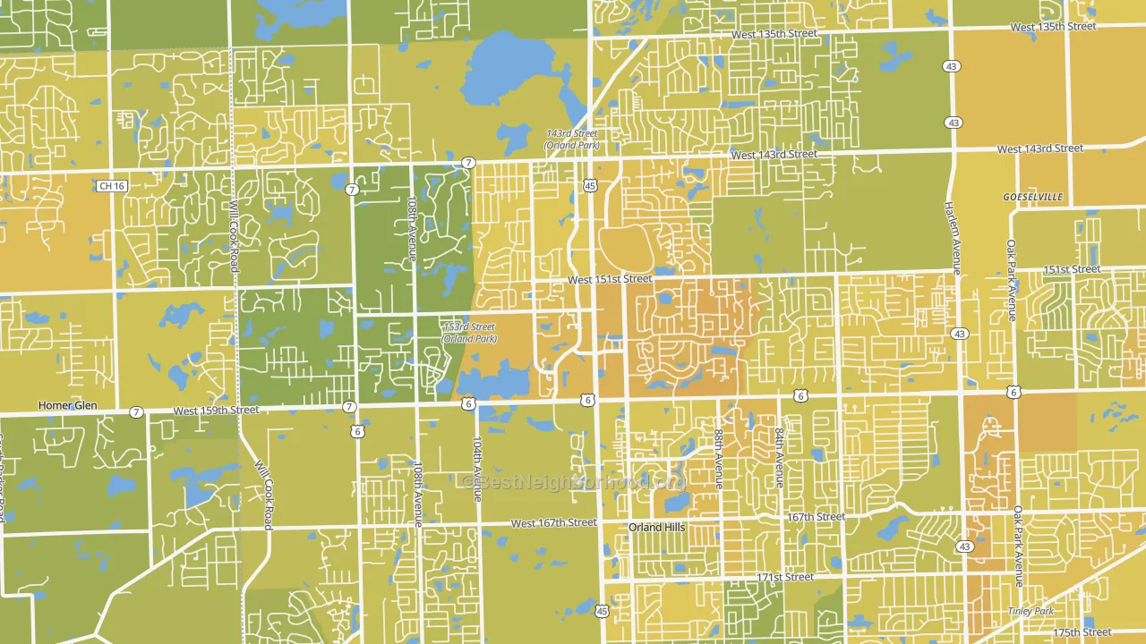 Map of the best neighborhoods in the Orland Park area, with better matches in green and worse matches in red