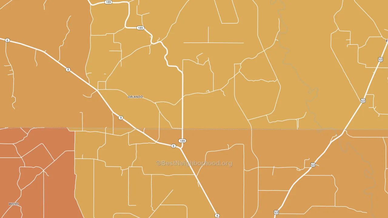 Map of the best neighborhoods in the Orlando area, with better matches in green and worse matches in red