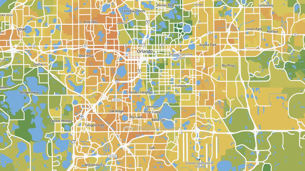 Map of the best neighborhoods in the Orlando Metro area, with better matches in green and worse matches in red