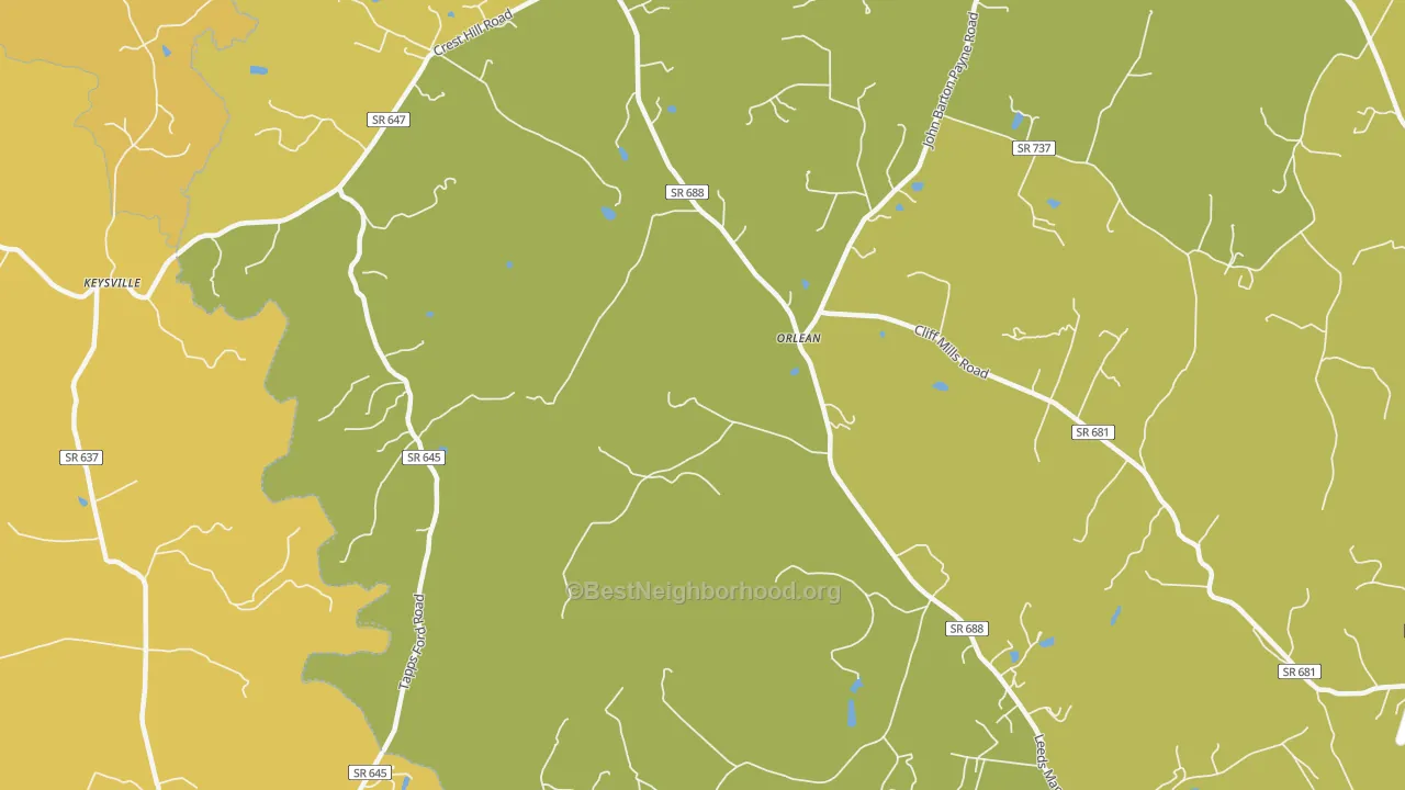 Map of the best neighborhoods in the Orlean area, with better matches in green and worse matches in red
