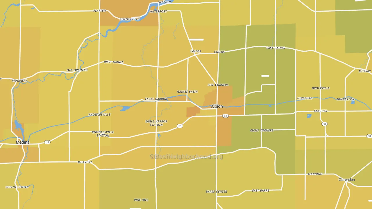 Map of the best neighborhoods in the Orleans County area, with better matches in green and worse matches in red