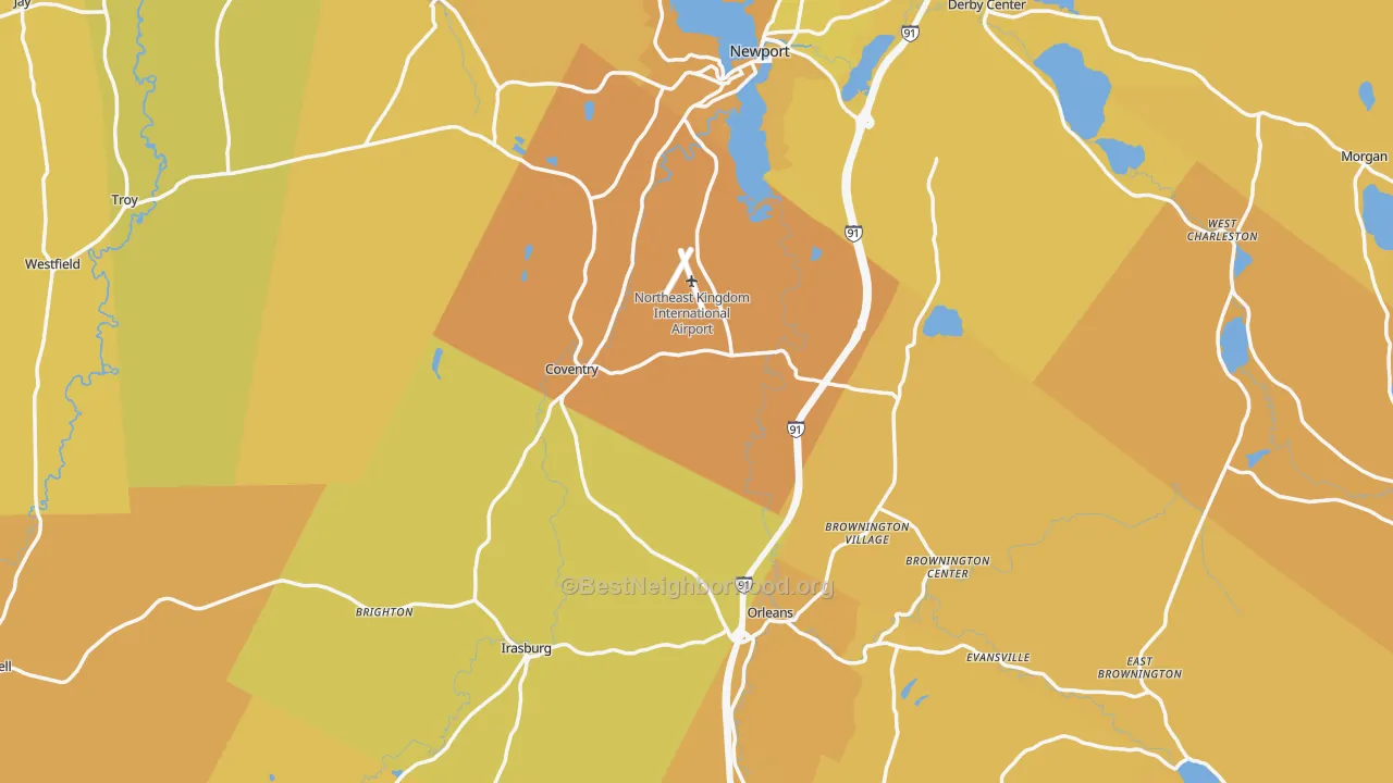 Map of the best neighborhoods in the Orleans County area, with better matches in green and worse matches in red