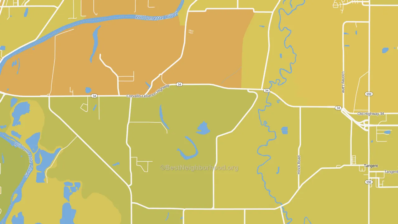 Map of the best neighborhoods in the Orleans area, with better matches in green and worse matches in red