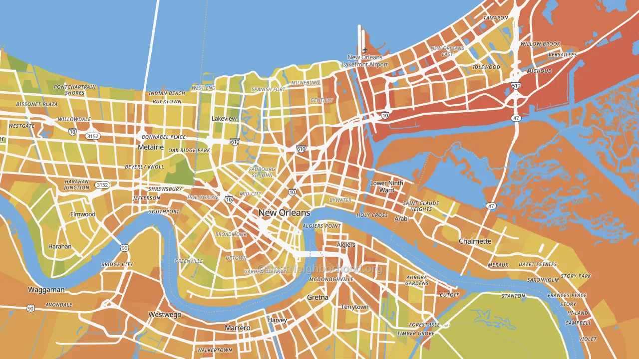 Map of the best neighborhoods in the Orleans Parish area, with better matches in green and worse matches in red