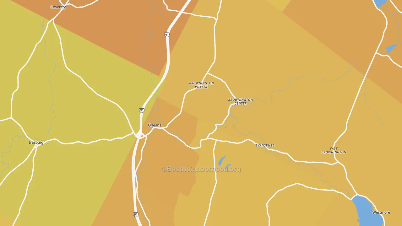 Map of the best neighborhoods in the Orleans area, with better matches in green and worse matches in red