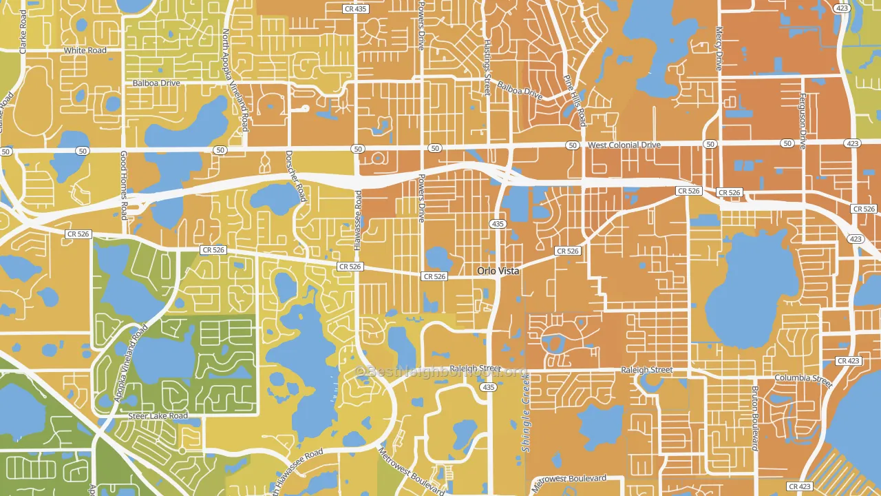 Map of the best neighborhoods in the Orlovista area, with better matches in green and worse matches in red