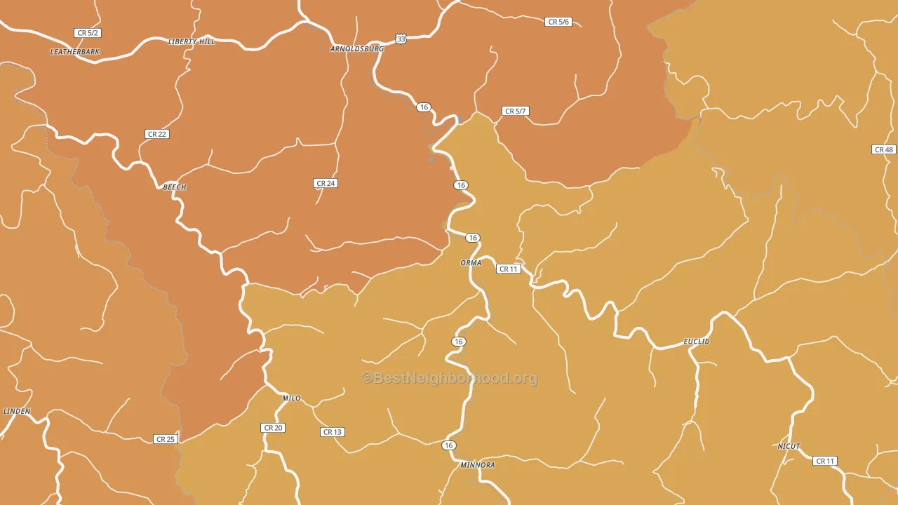 Map of the best neighborhoods in the Orma area, with better matches in green and worse matches in red