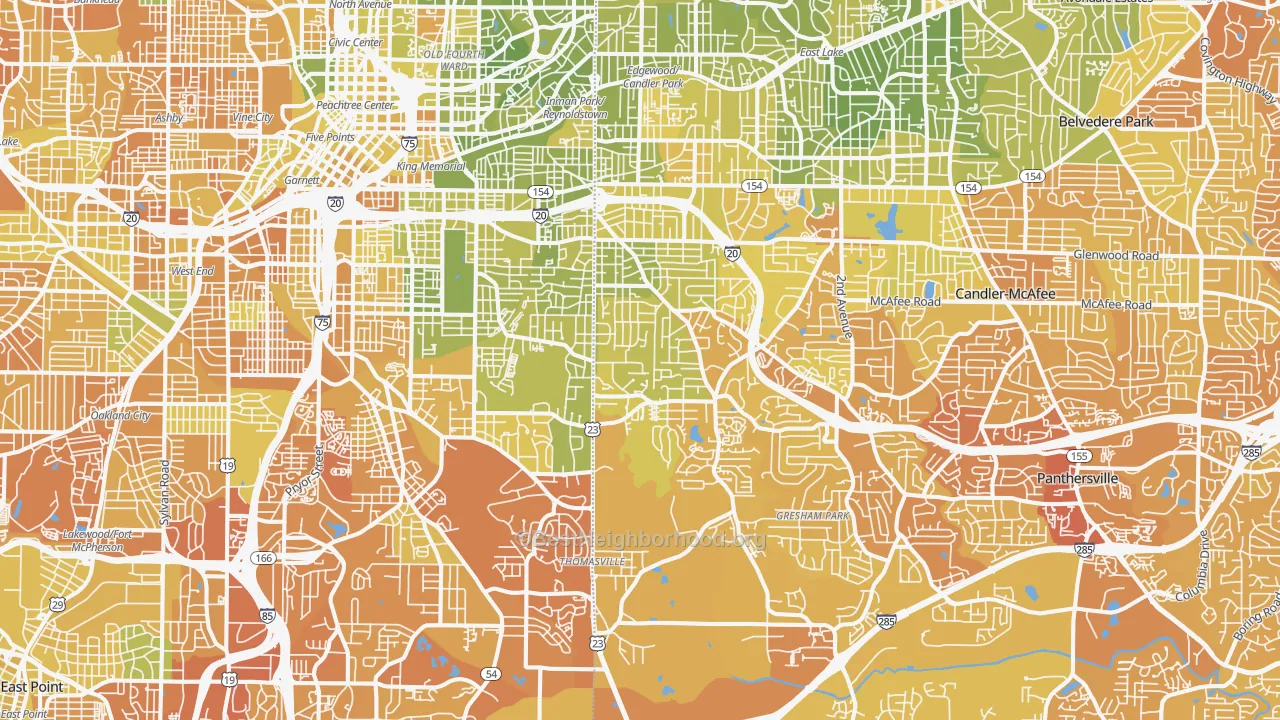 Map of the best neighborhoods in the Ormewood Park-East Atlanta, Atlanta area, with better matches in green and worse matches in red