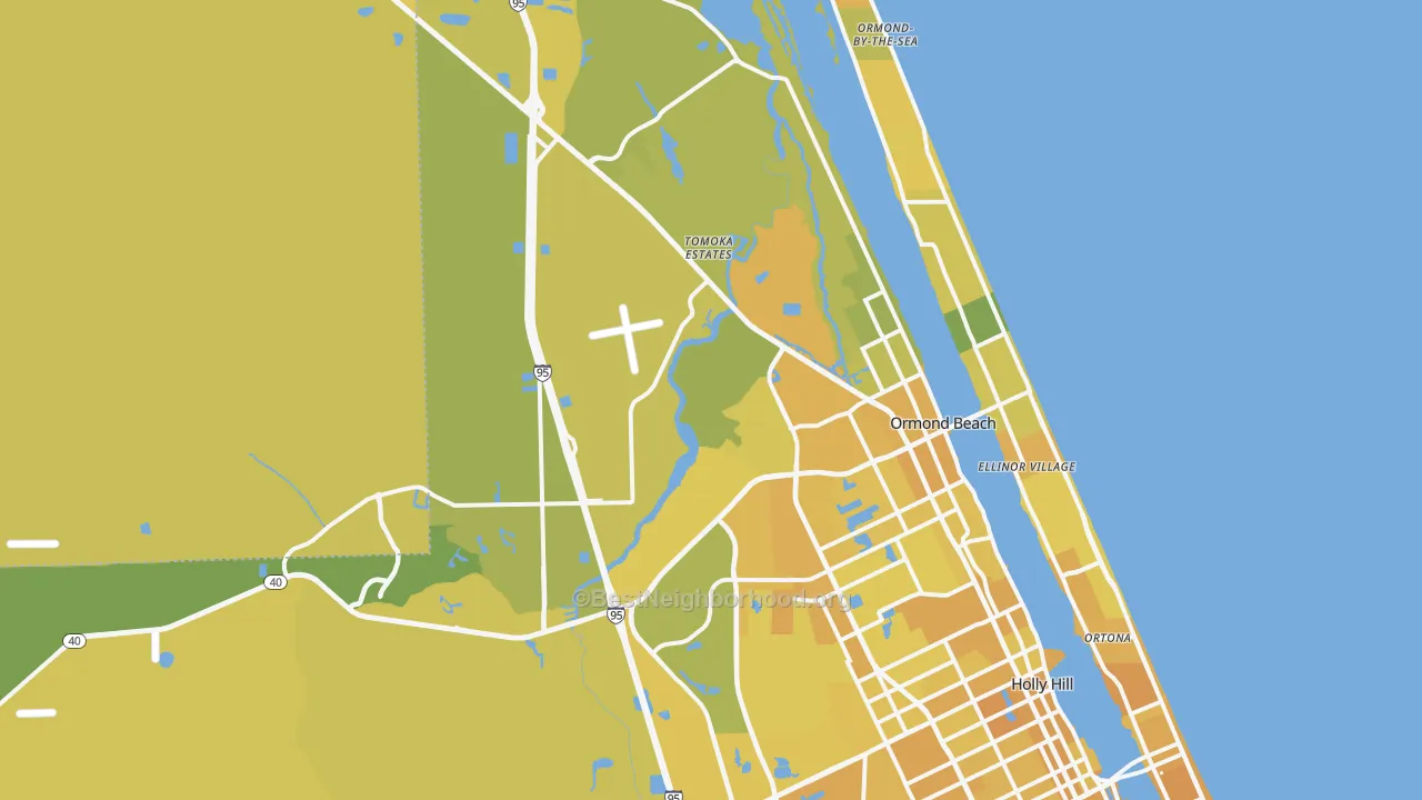 Map of the best neighborhoods in the Ormond Beach area, with better matches in green and worse matches in red