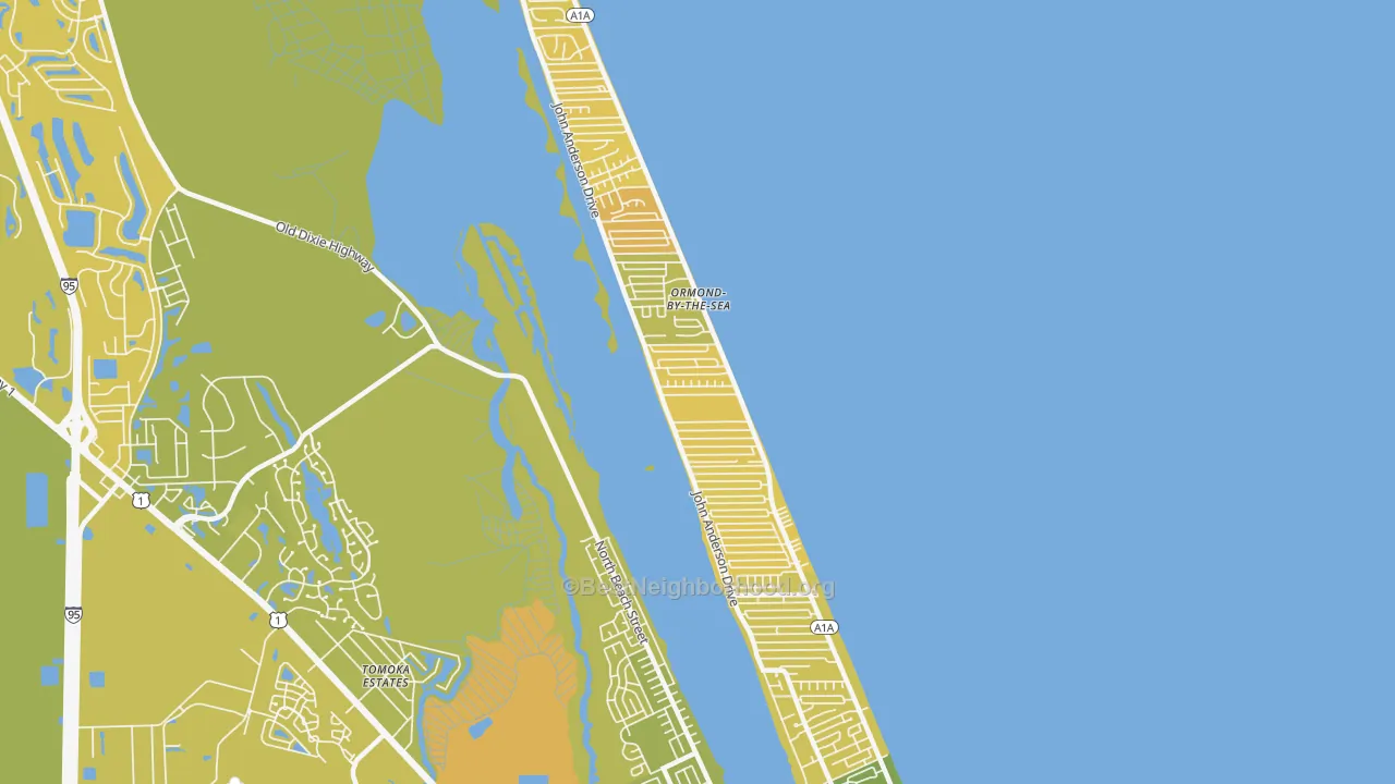 Map of the best neighborhoods in the Ormond-by-the-Sea area, with better matches in green and worse matches in red