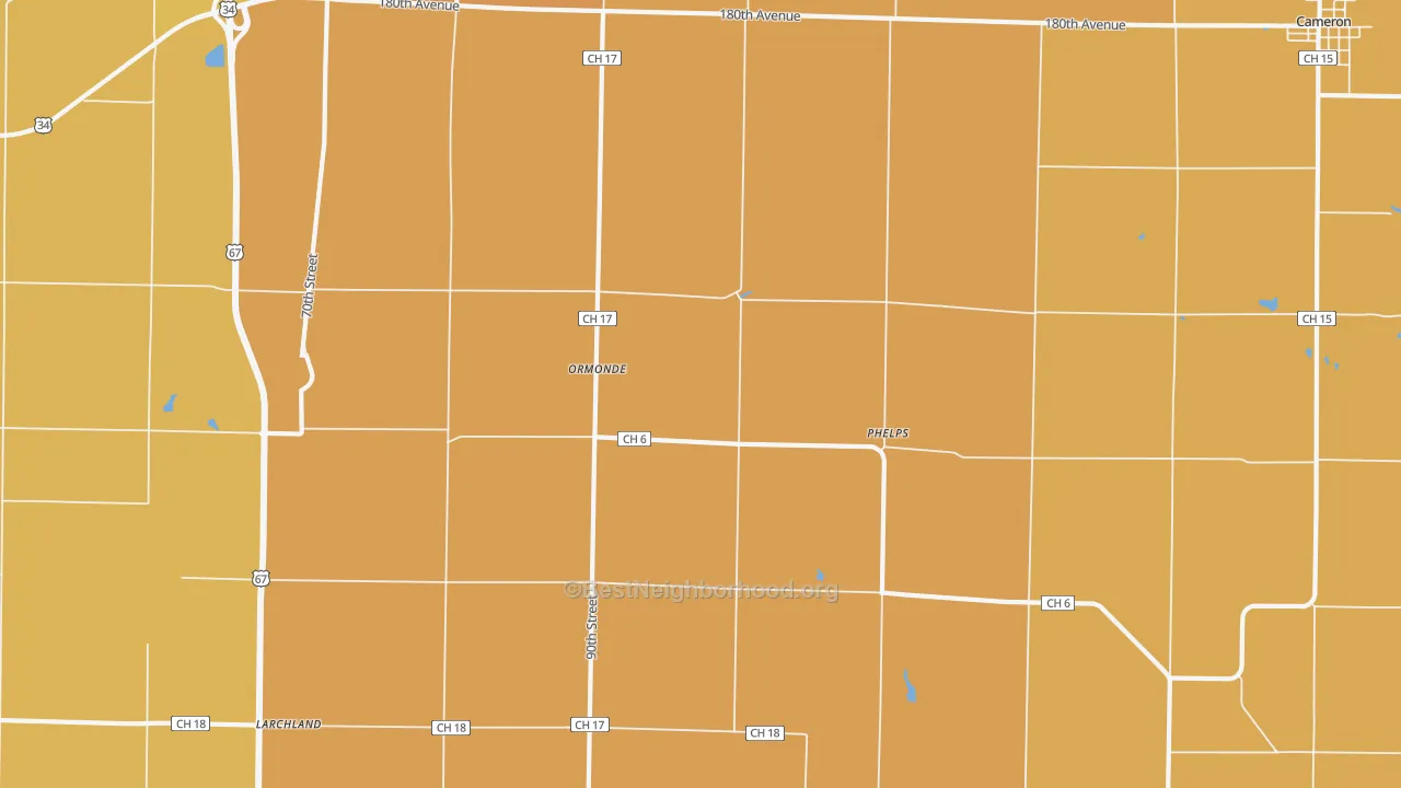 Map of the best neighborhoods in the Ormonde area, with better matches in green and worse matches in red