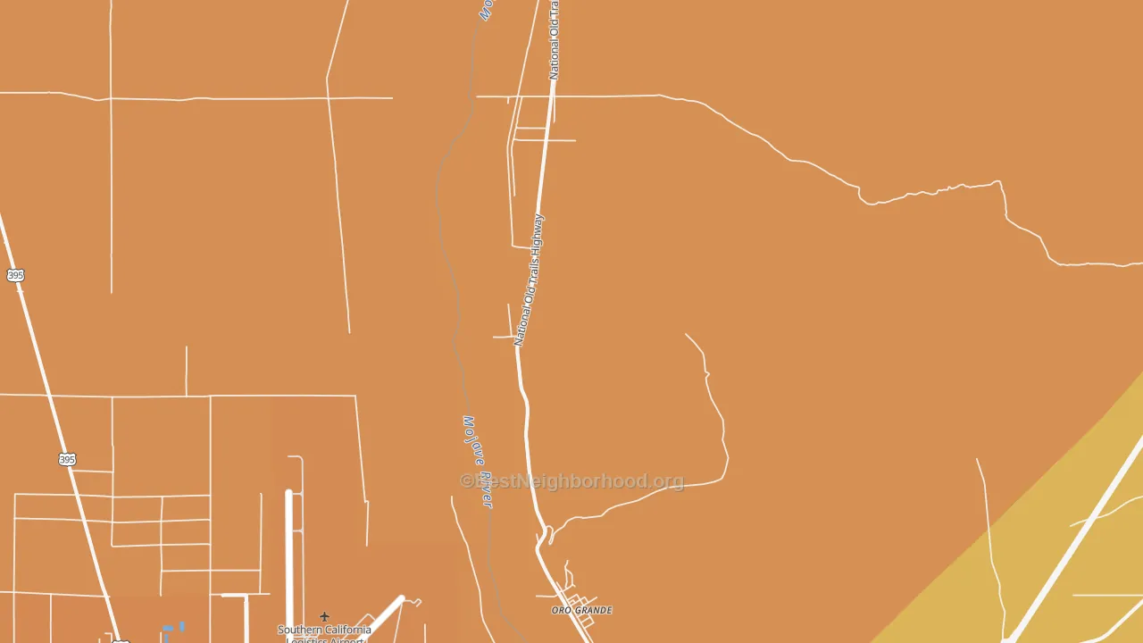 Map of the best neighborhoods in the Oro Grande area, with better matches in green and worse matches in red