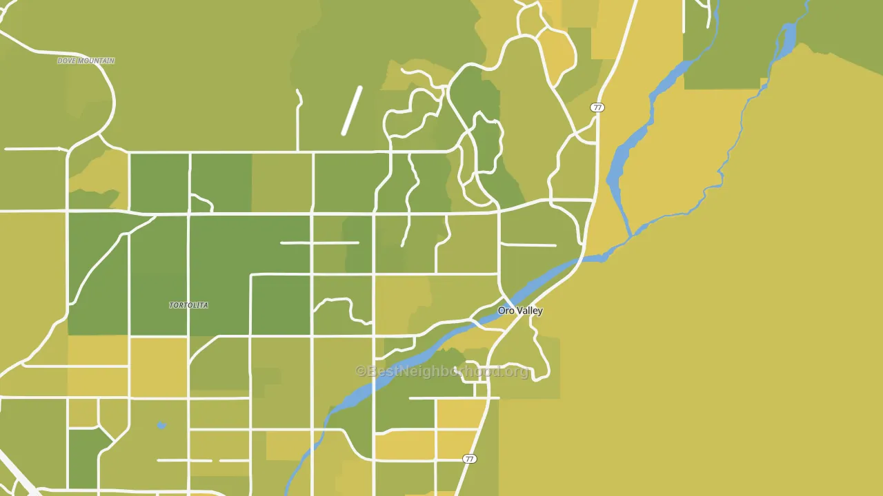 Map of the best neighborhoods in the Oro Valley area, with better matches in green and worse matches in red