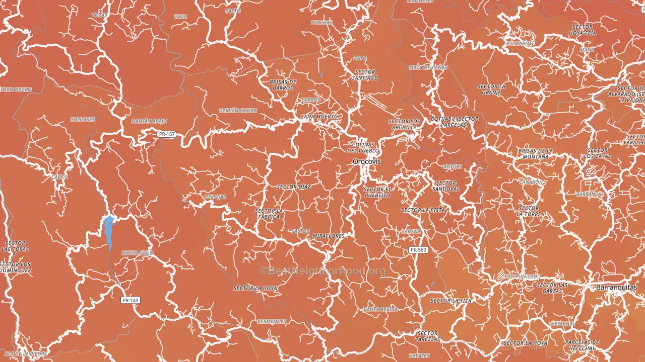 Map of the best neighborhoods in the Orocovis Municipio area, with better matches in green and worse matches in red
